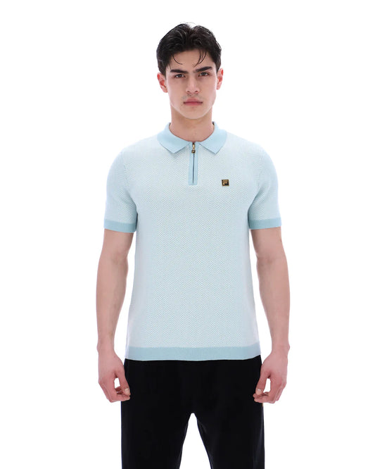 Clique FILA Marty zip polo shirt in sterling blue with a herringbone pattern, featuring a front zipper and collar.