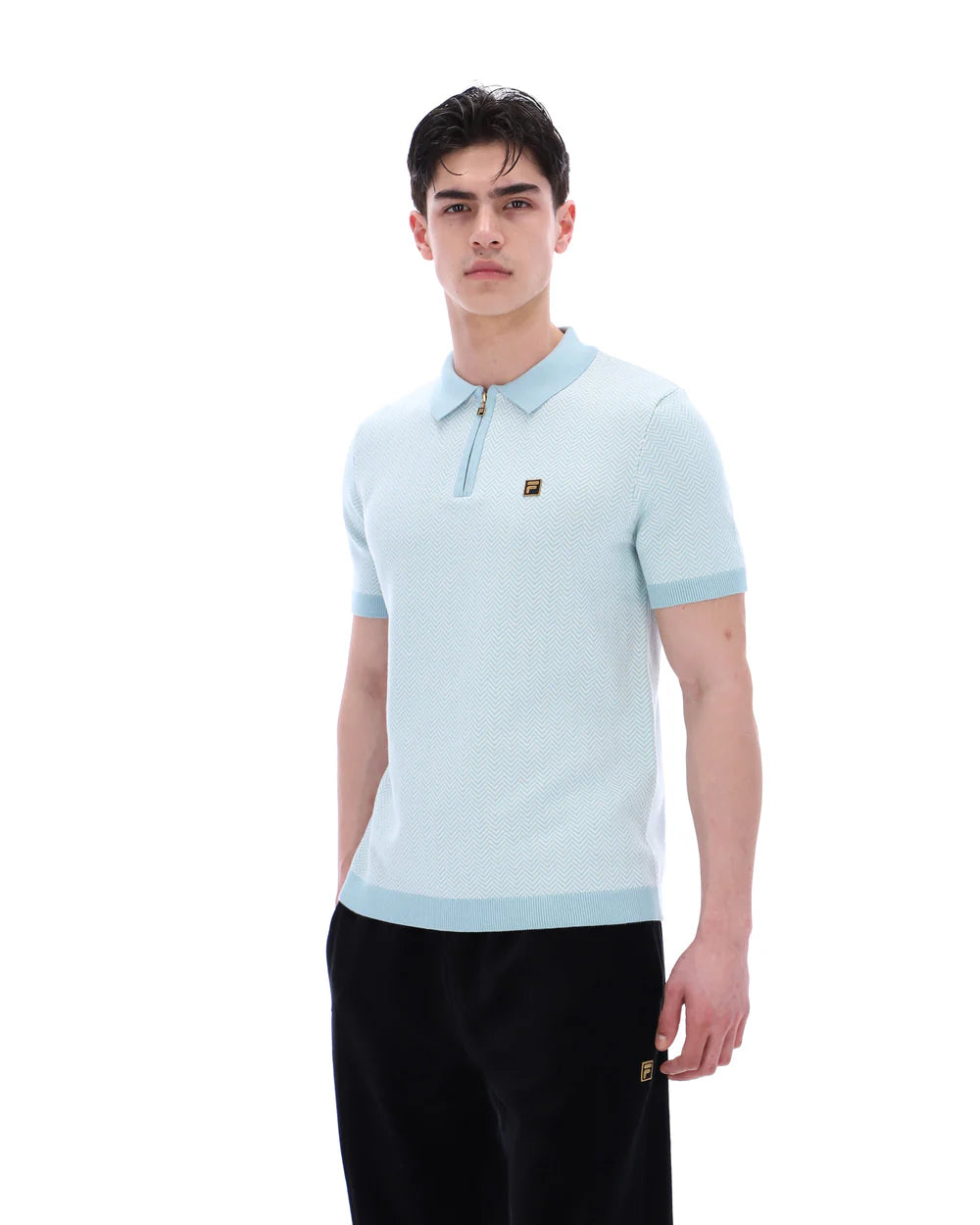 Clique FILA Marty zip polo shirt in sterling blue with herringbone pattern, featuring a front zipper and collar detail.