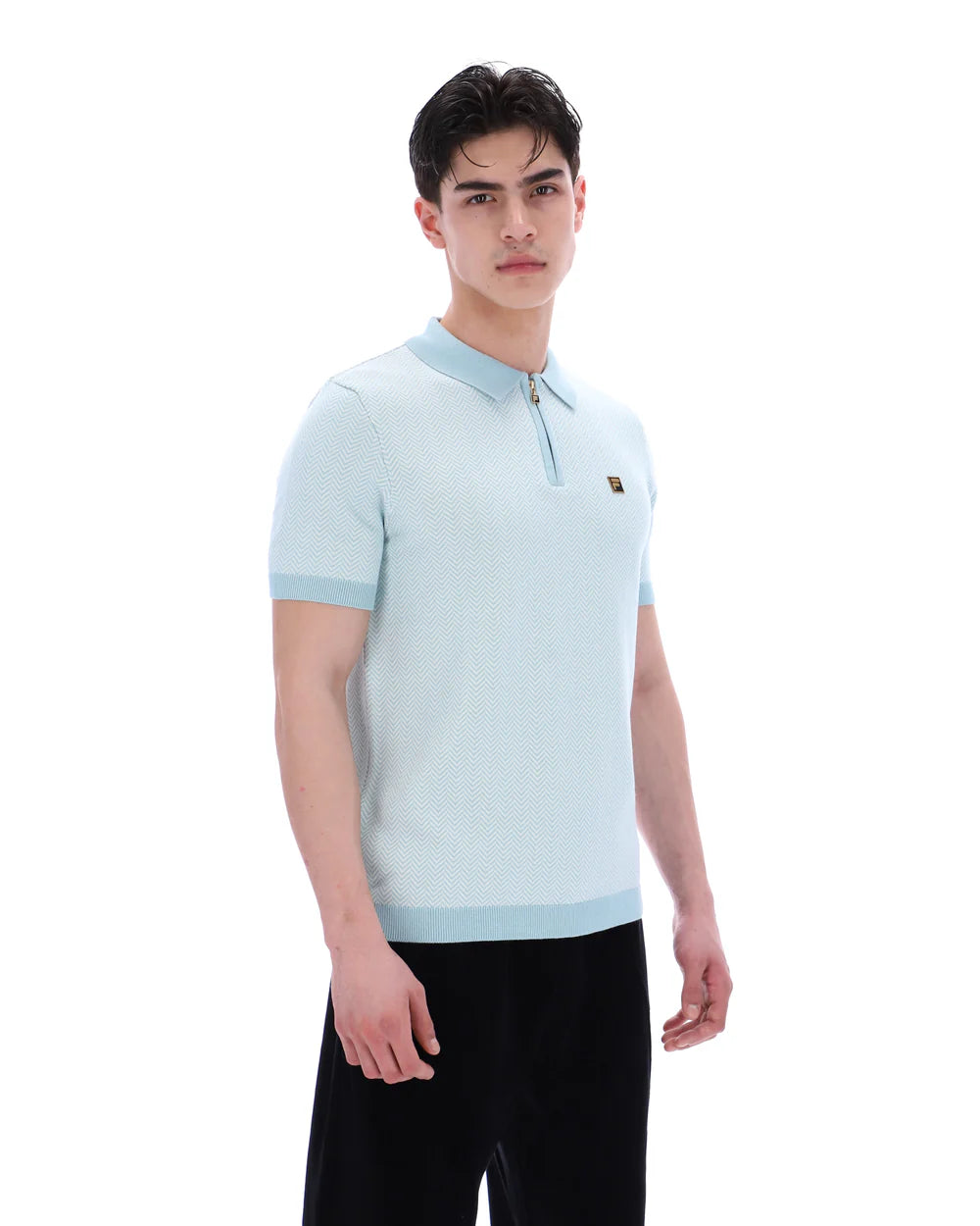 Clique FILA Marty zip polo shirt in sterling blue with herringbone pattern, featuring a zip collar and casual fit.