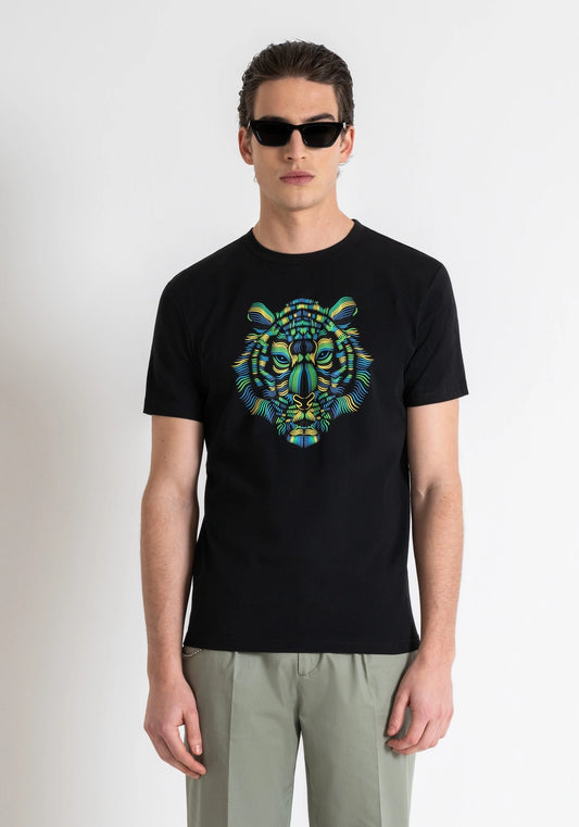 Antony Morato Slim Fit Cotton T-shirt | Black - Tiger Print - MMKS02406 - 9000