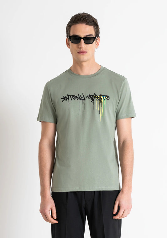 Antony Morato Slim Fit Cotton T-shirt | Green- Matt Plastic Logo PRINT - MMKS02407 - 4077