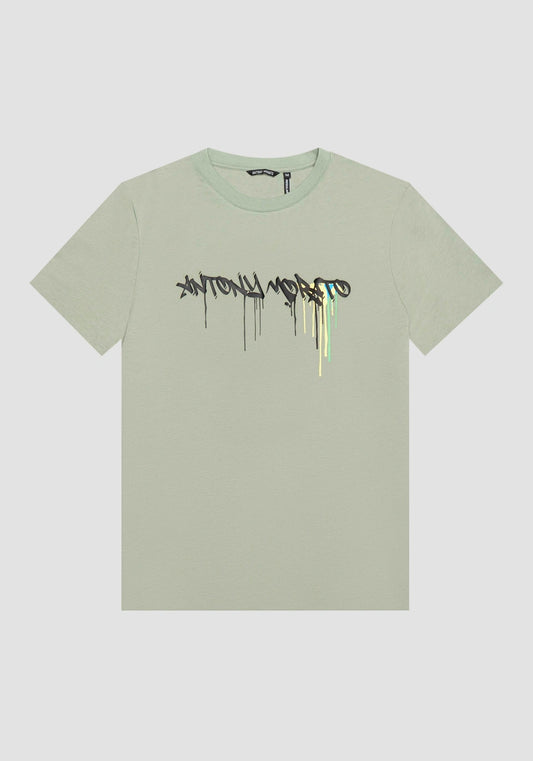 Antony Morato Slim Fit Cotton T-shirt | Green- Matt Plastic Logo PRINT - MMKS02407 - 4077