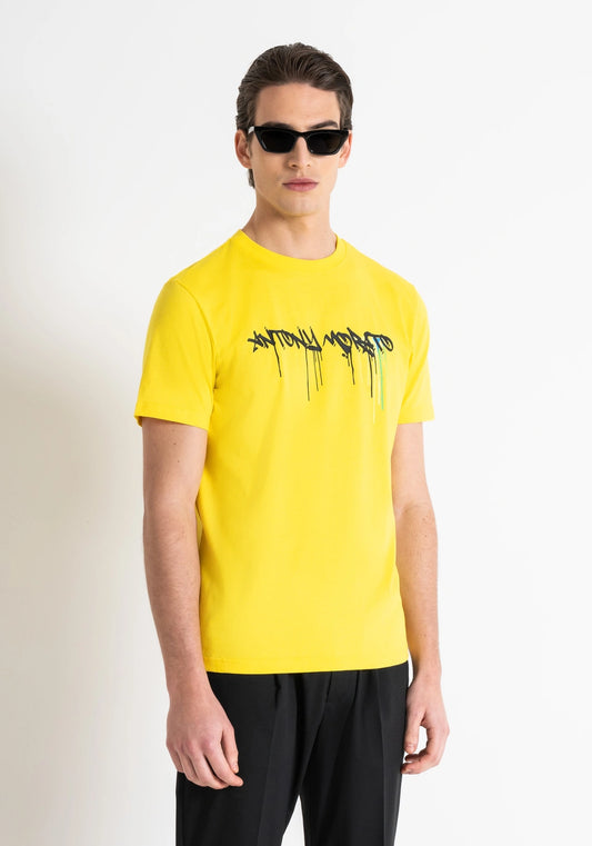 Antony Morato Slim Fit Cotton T-shirt | Lemon - Matt Plastic Logo PRINT - MMKS02407 - 8054