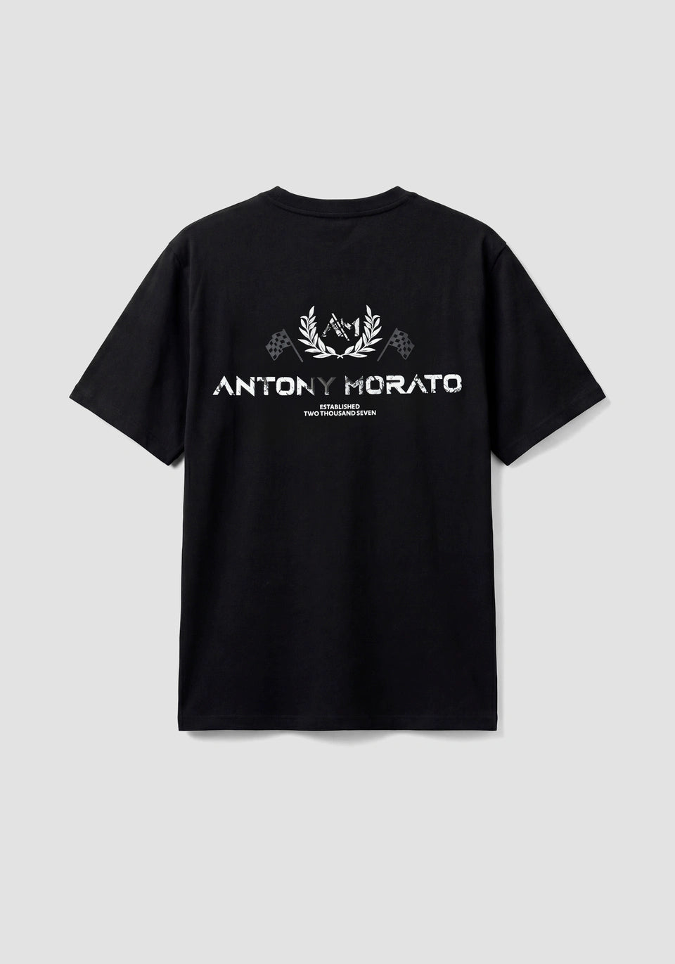 Clique Antony Morato relaxed fit black cotton jersey T-shirt with marble effect print, showcasing casual style and comfortable fit.