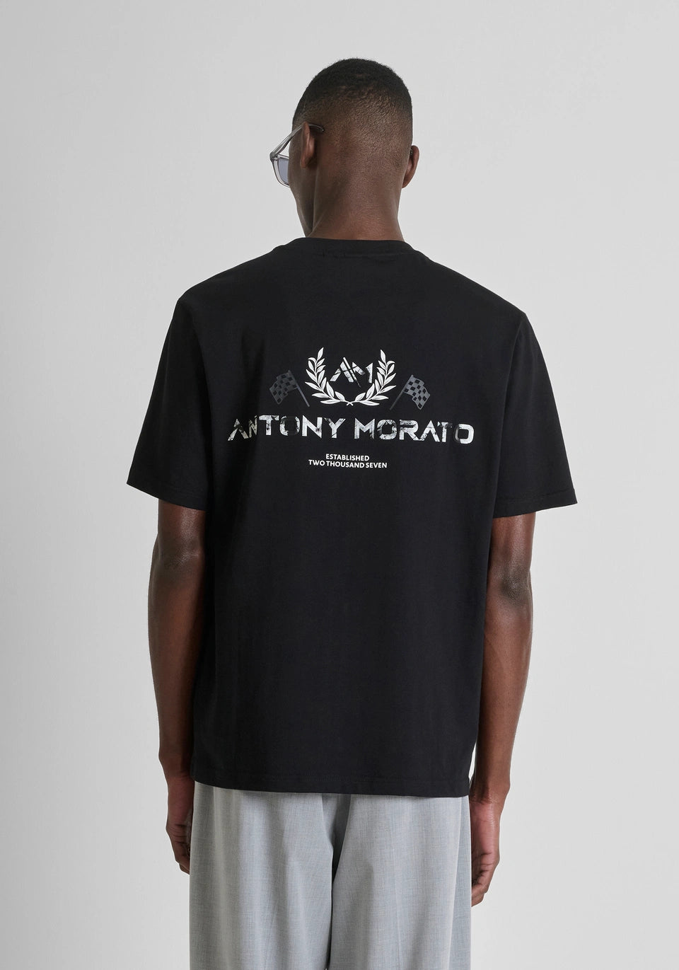 Clique Antony Morato black relaxed fit T-shirt with marble effect print, made from 100% cotton jersey.