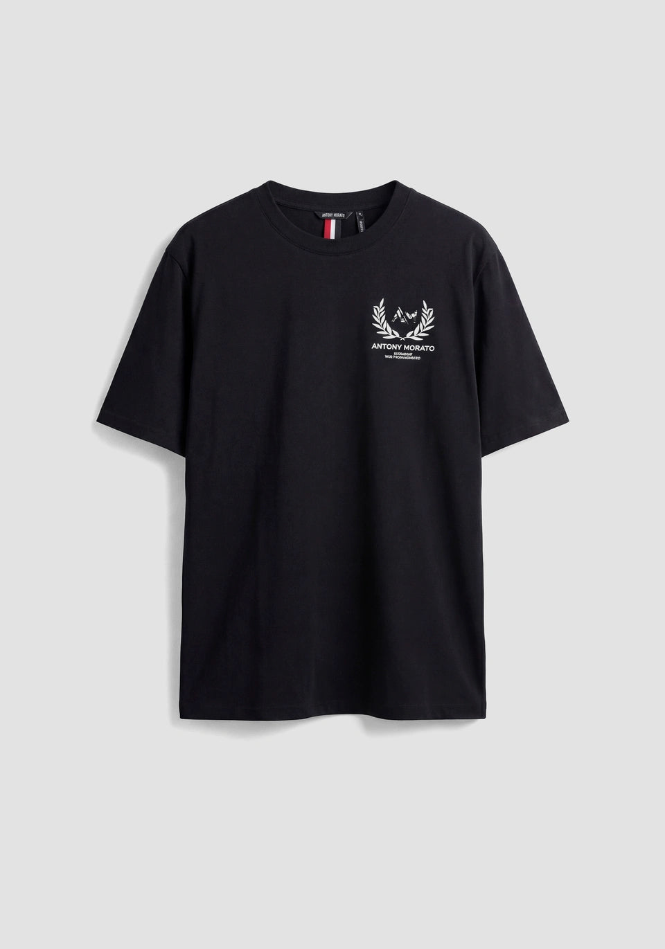 Clique Antony Morato relaxed fit black cotton jersey T-shirt with marble effect print, showcasing casual style and comfortable fit.