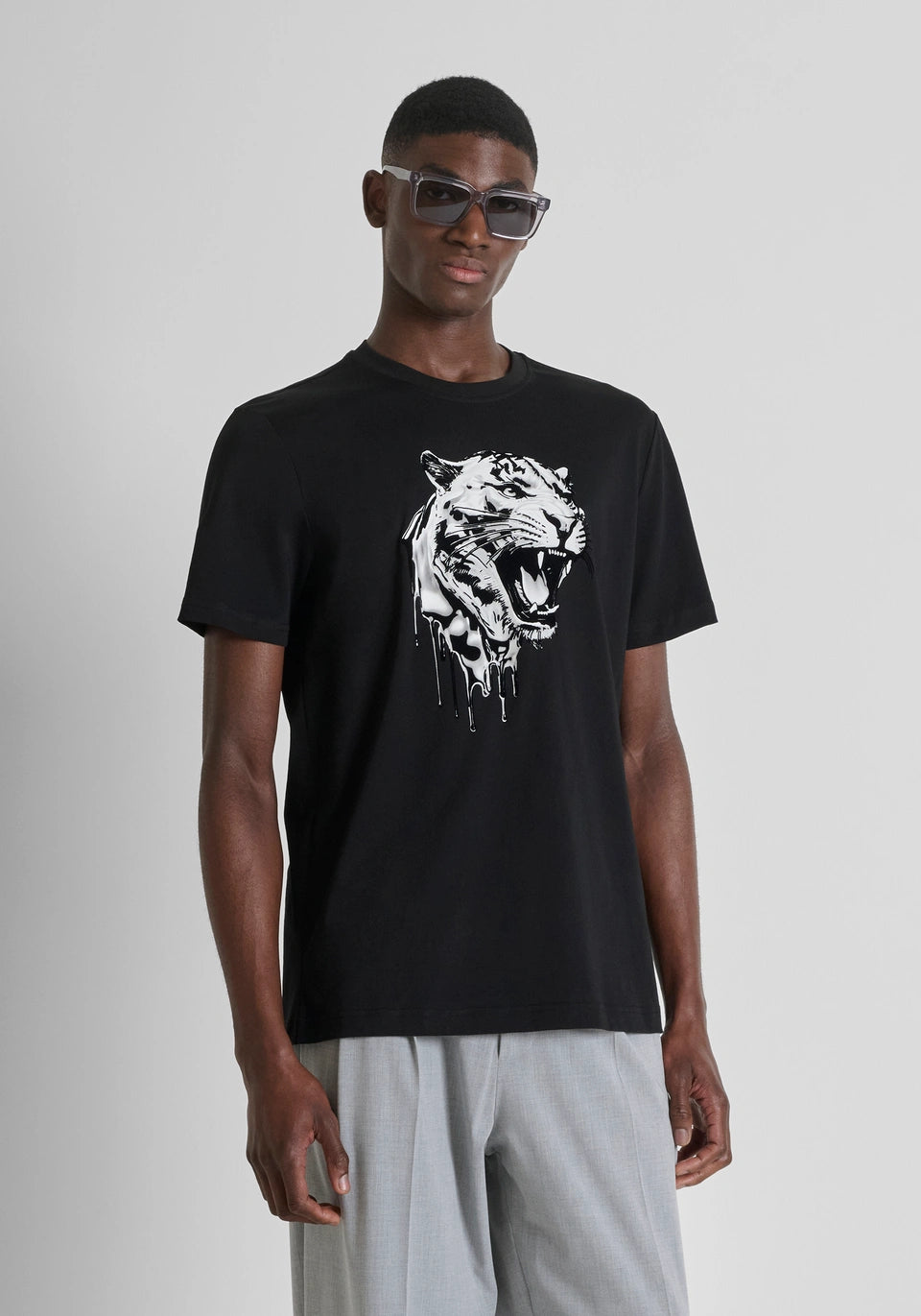 Black Antony Morato regular-fit T-shirt in lightweight cotton jersey with a printed design, shown on a neutral background.