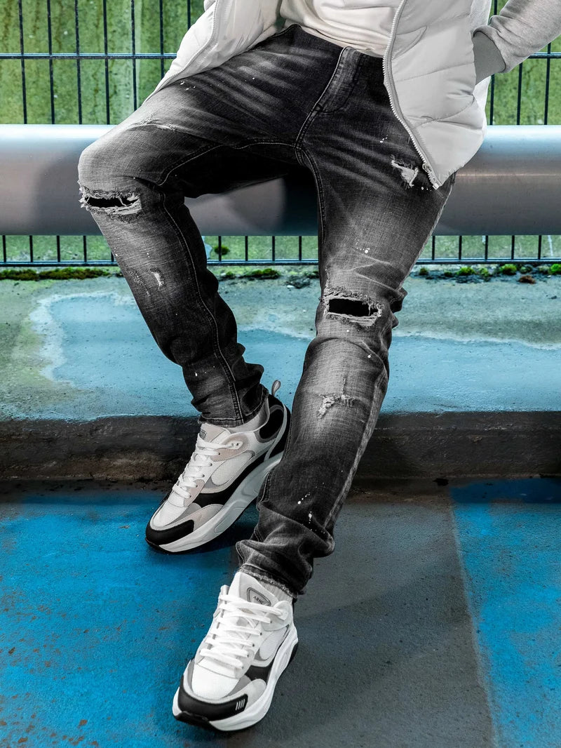 AVERE Piazzi Black Wash Paint Splatter Jeans - Black (Washed Finish)