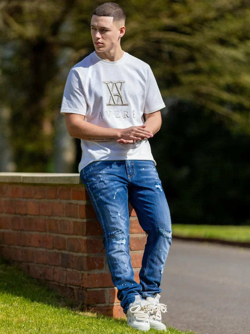 AVERE Piazzi Blue Wash Paint Splatter Jeans - Blue (Mid Stonewash)