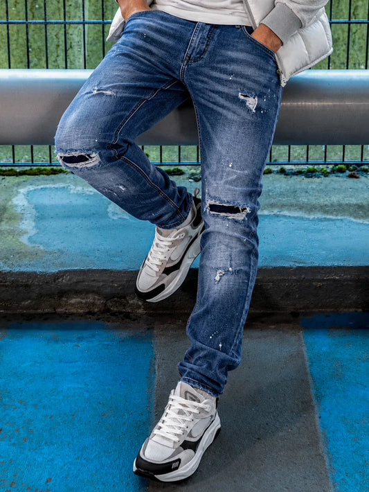 AVERE Piazzi Blue Wash Paint Splatter Jeans - Blue (Mid Stonewash)