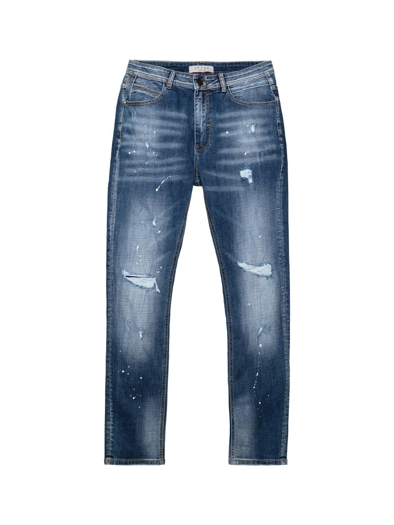 AVERE Piazzi Blue Wash Paint Splatter Jeans - Blue (Mid Stonewash)