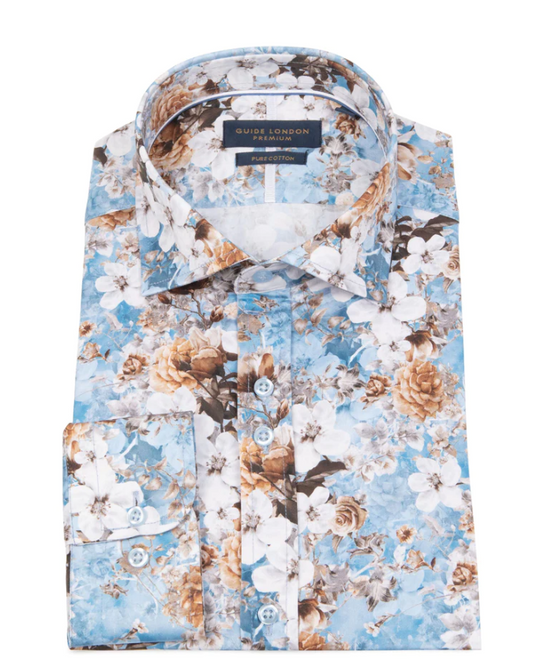 GUIDE London Long Sleeve Floral Print Shirt | LS76472-BLUE