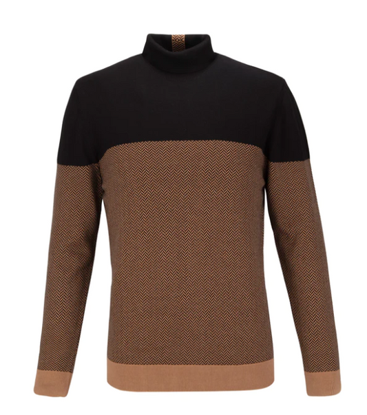 GUIDE London Long Sleeve Herringbone Roll Neck Jumper | Black/Camel - KW2830