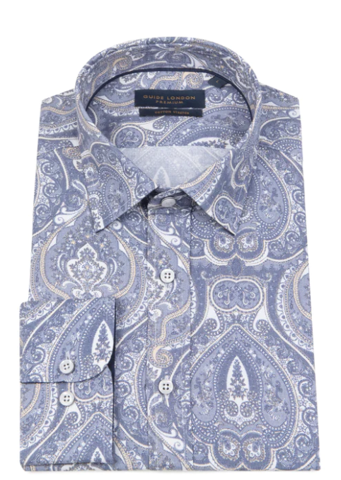 GUIDE London Long Sleeve Weather Paisley Print Shirt | White/Blue - LS76479 42972