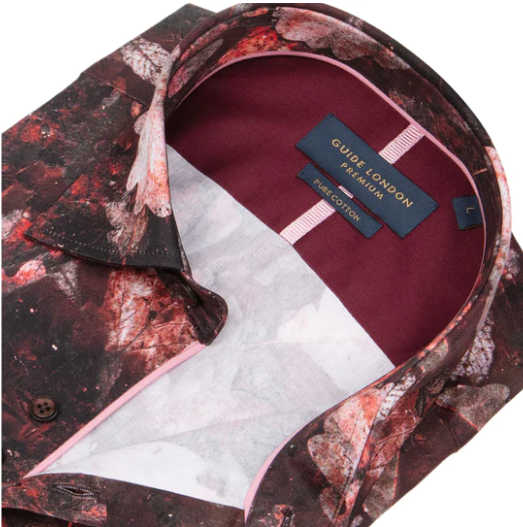 GUIDE London Leaf Pattern Long Sleeve Shirt | Black/Red - LS76718 43134