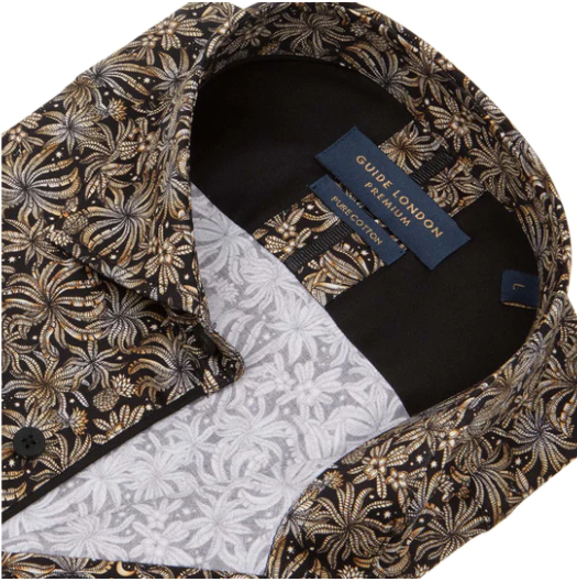 GUIDE London Long Sleeve Floral Cotton Shirt | Black/Tan - LS76778 43158