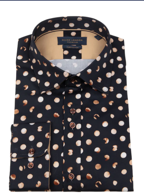 GUIDE London Modern Polka Dot Long Sleeve Shirt | Navy/Tan - LS76751 43156