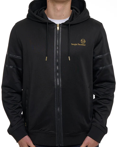 Black Sergio Tacchini Strada Hoodie with gold accents, casual fit, made by Clique, featuring a comfortable hood and stylish design.
