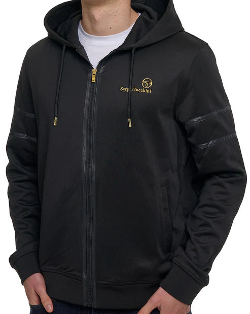 Black and gold Sergio Tacchini Strada Hoodie by Clique, featuring a comfortable fit and sporty design in a close-up shot.