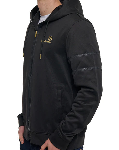 Black Sergio Tacchini Strada Hoodie with gold accents, featuring a comfortable fit and stylish design, perfect for casual wear.