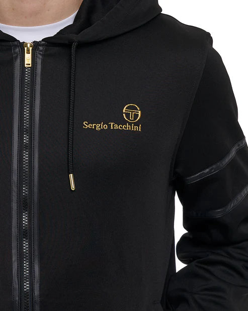 Black Sergio Tacchini Strada Hoodie with gold accents, featuring a hood and casual fit, from Clique's sweats and joggers collection.