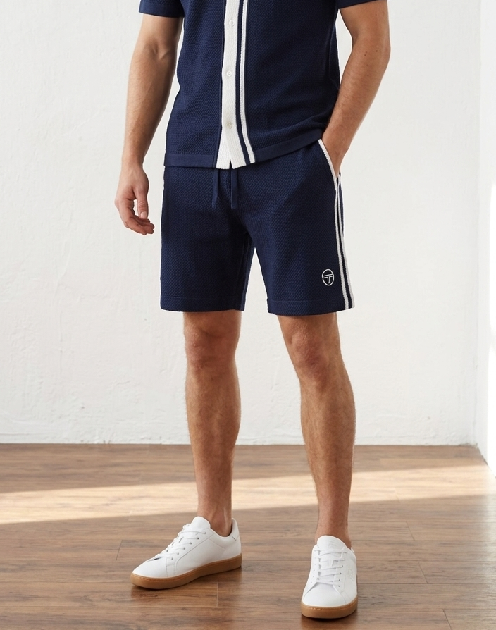 Sergio Tacchini Fratelli Crochet Short set in maritime blue and gardenia, featuring a stylish summer short set with crochet details.