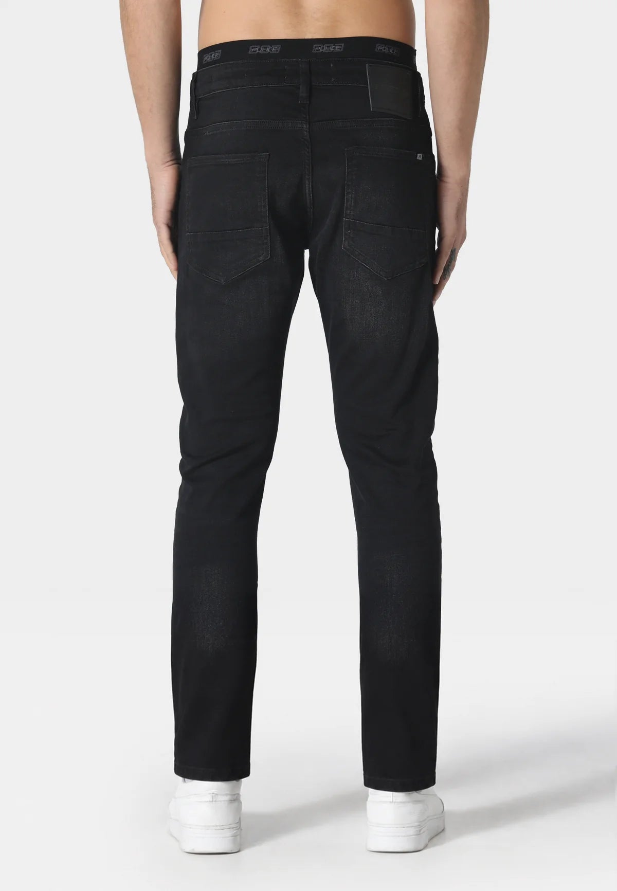 Black slim-fit jeans from 883 Police Dino Slim 935 collection by Clique Kara, showing detailed front and back views.