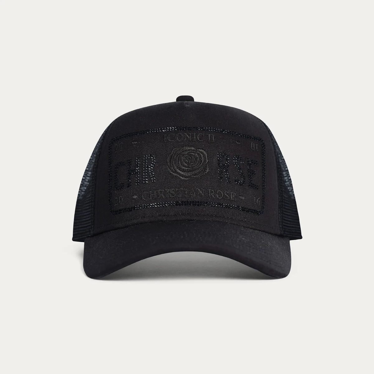 Christian Rose | Iconic II Rhinestone Trucker Cap — Black / Black (CR049BB)