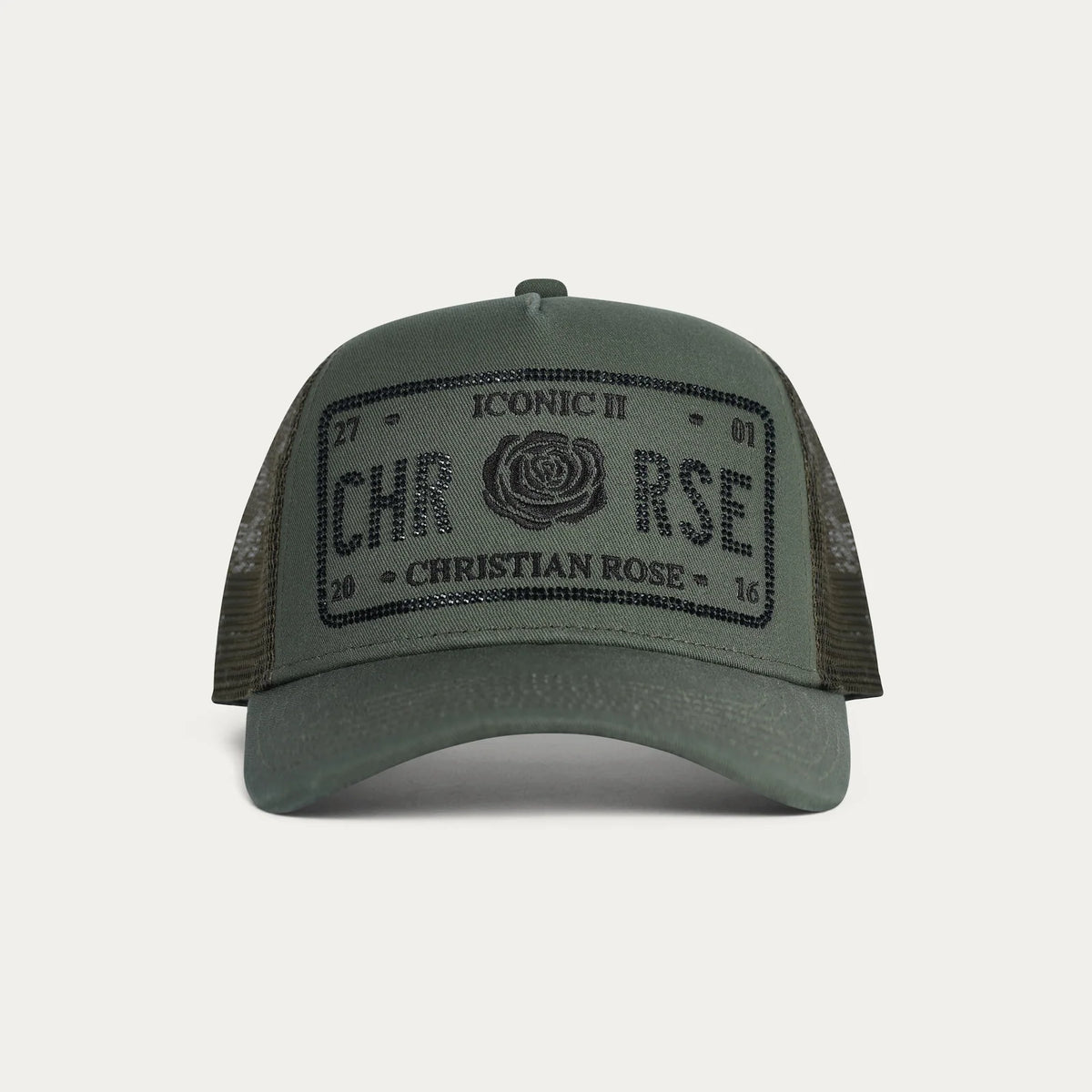 Christian Rose | Iconic II Rhinestone Trucker Cap — Olive / Black (CR049OB)