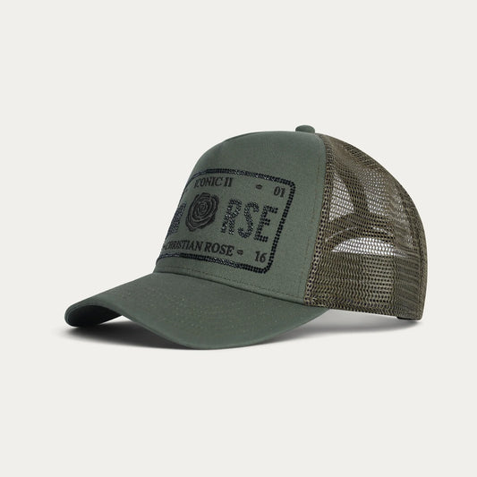 Christian Rose | Iconic II Rhinestone Trucker Cap — Olive / Black (CR049OB)
