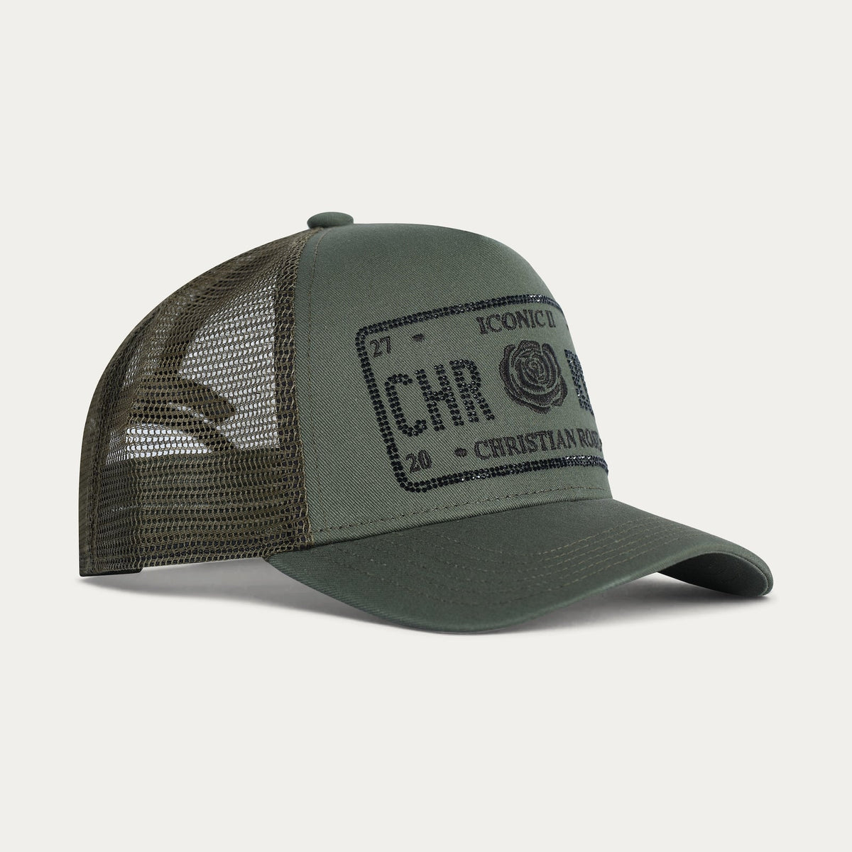 Christian Rose | Iconic II Rhinestone Trucker Cap — Olive / Black (CR049OB)