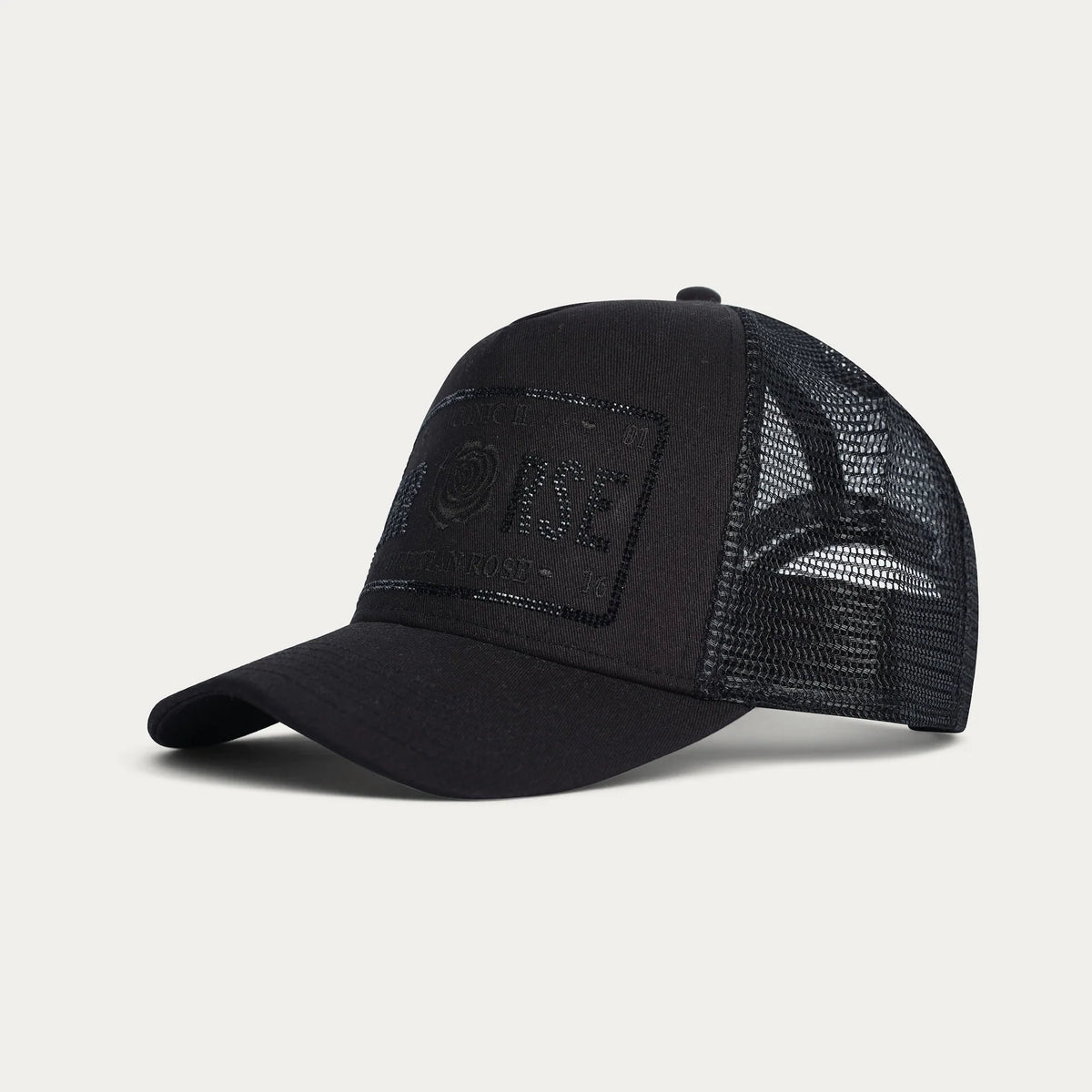 Christian Rose | Iconic II Rhinestone Trucker Cap — Black / Black (CR049BB)