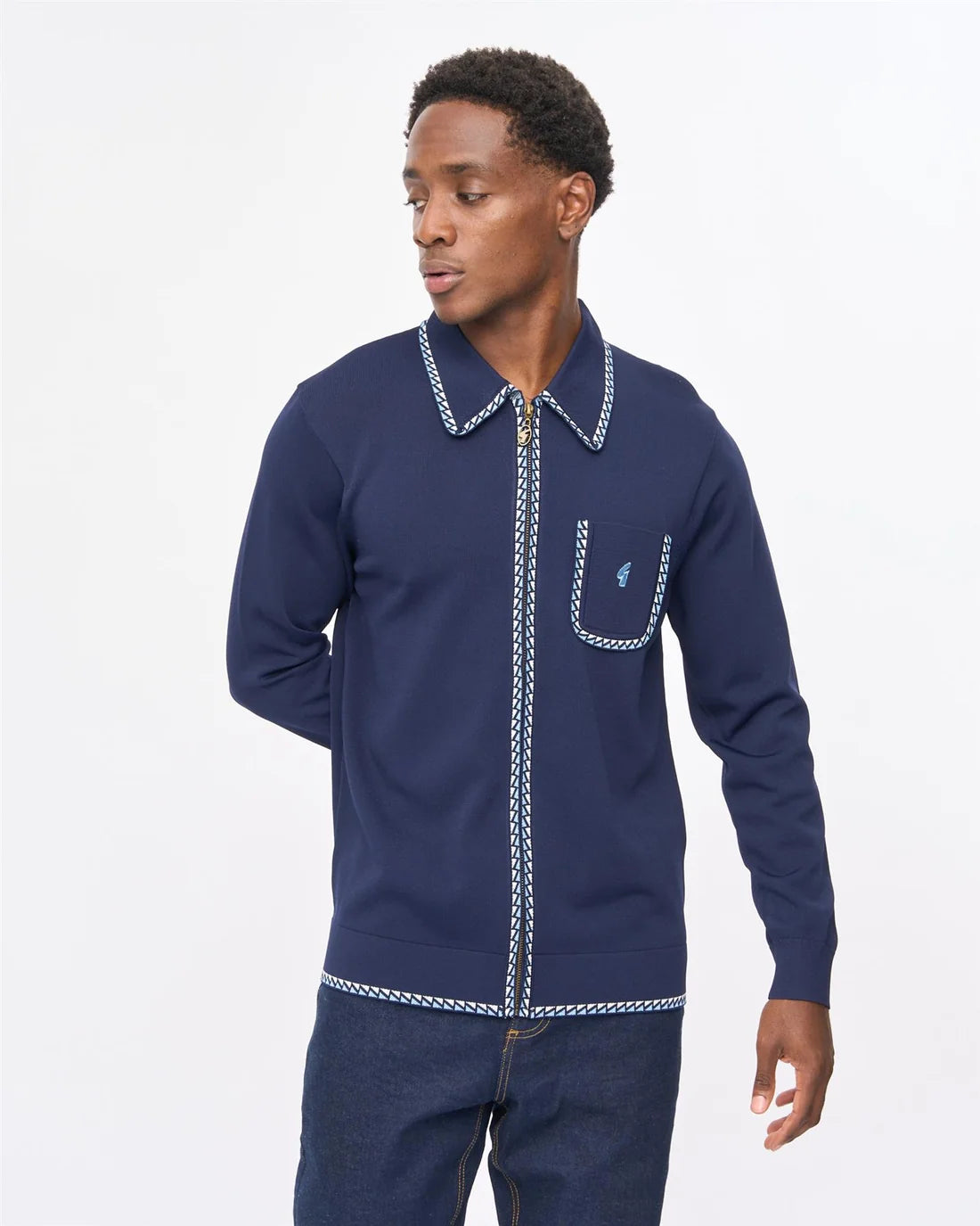 Gabicci Vintage Nick Long Sleeve Zip-Thru Knit Polo - Navy (V57GM25)