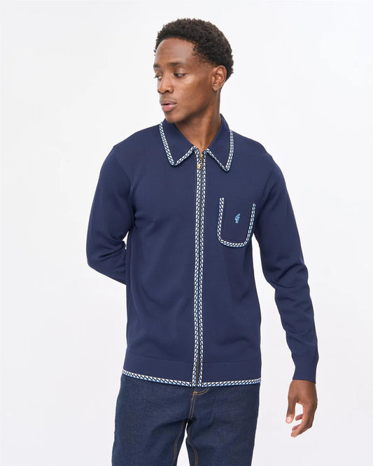 Gabicci Vintage Nick Long Sleeve Zip-Thru Knit Polo - Navy (V57GM25)
