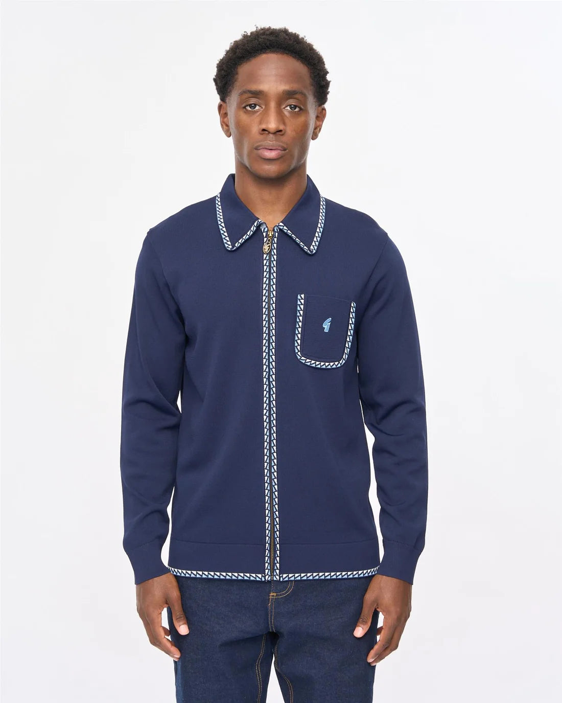 Gabicci Vintage Nick Long Sleeve Zip-Thru Knit Polo - Navy (V57GM25)