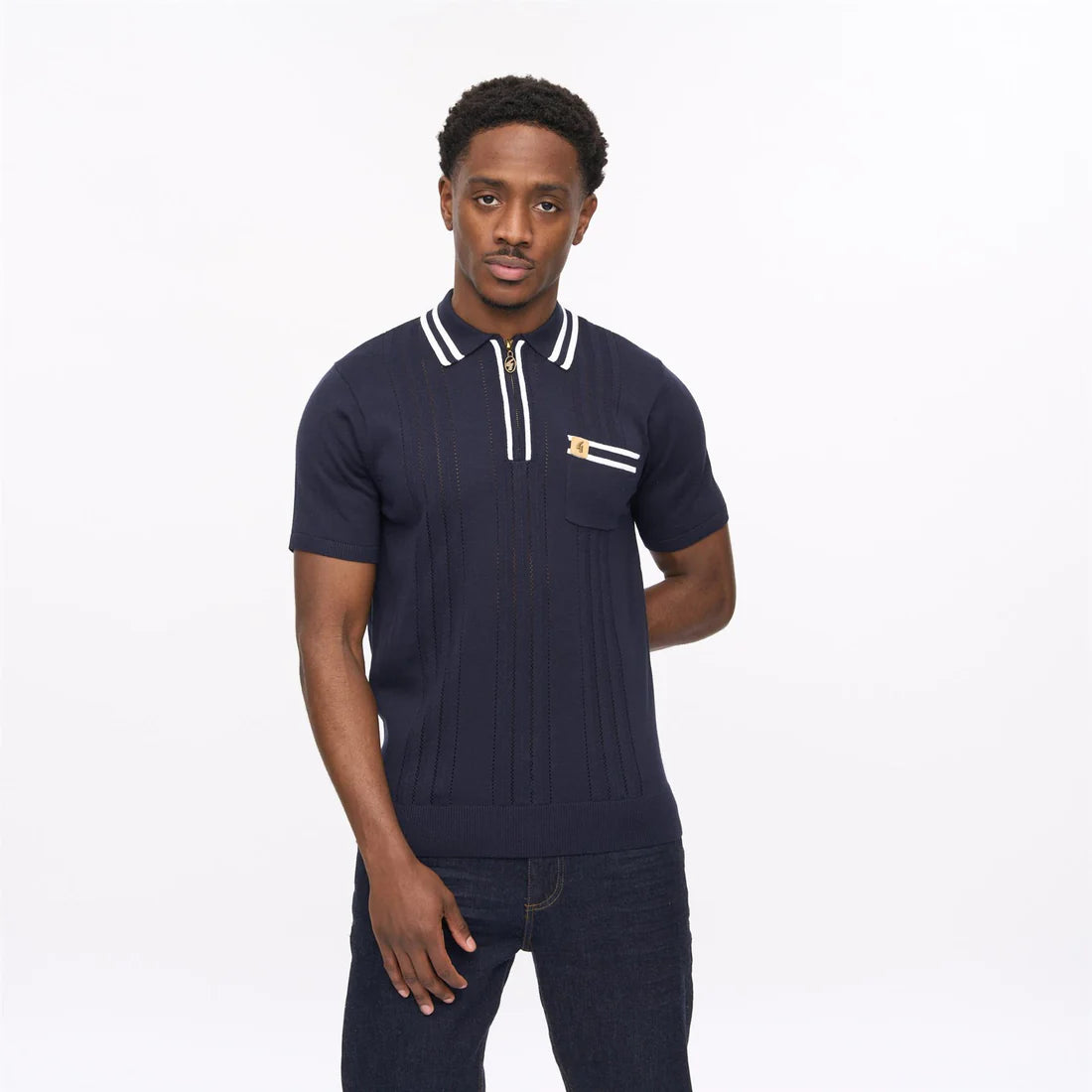 Navy Gabicci short sleeve zip neck knit polo shirt by Clique, featuring a classic collar and button closure.