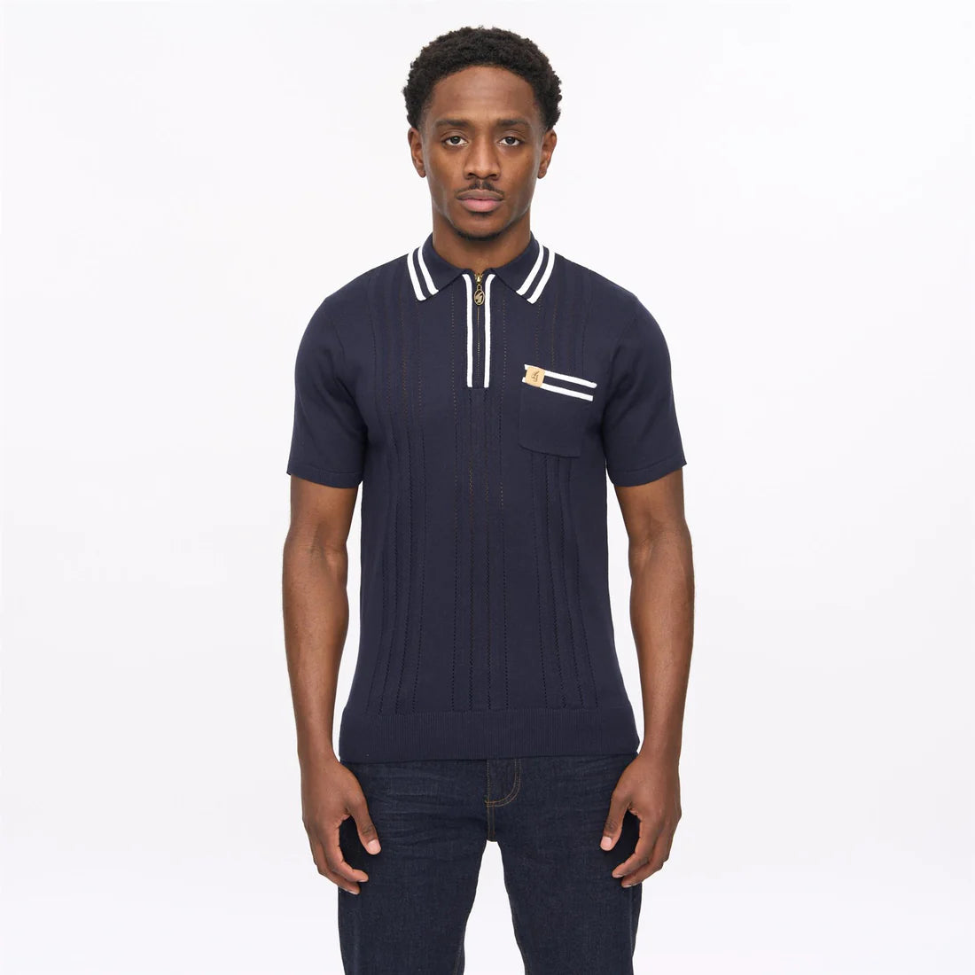 Clique Gabicci navy short sleeve zip neck knit polo shirt with collar and zip detail, displayed on a plain background.