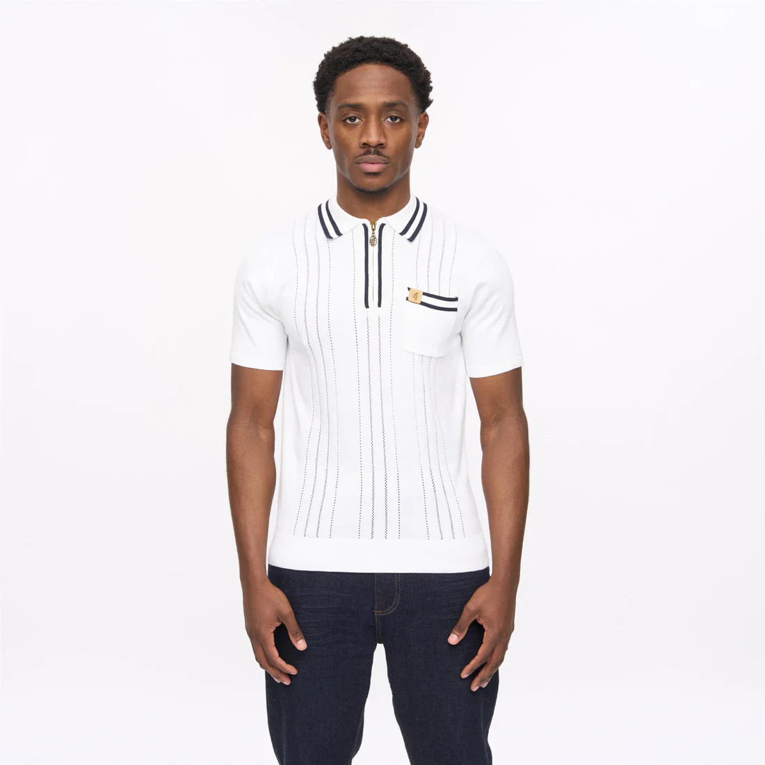 White Gabicci short sleeve zip neck knit polo shirt by Clique, featuring a classic collar and sporty design.