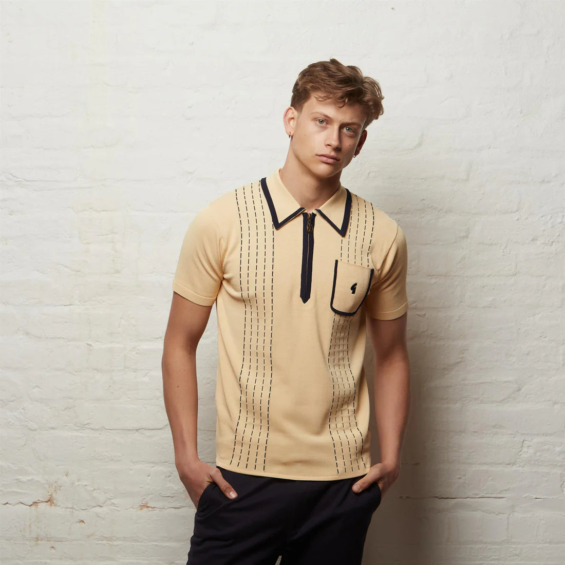 Clique Gabicci Vintage men's Darron archive short sleeve viscose knit polo shirt in lemon color, casual and stylish.