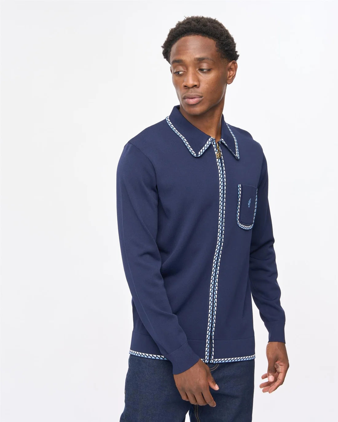 Gabicci Vintage Nick Long Sleeve Zip-Thru Knit Polo - Navy (V57GM25)
