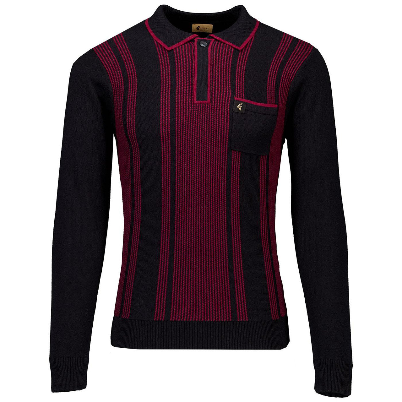 Gabicci Dante - Vintage Texture Stripe Knit Polo Long Sleeve | Black - V55GN04