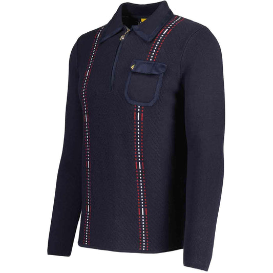 GABICCI Fleetwood Gabicci Vintage Fleetwood Zip Neck Knitted Mod Polo Shirt  | Navy- V53GM28