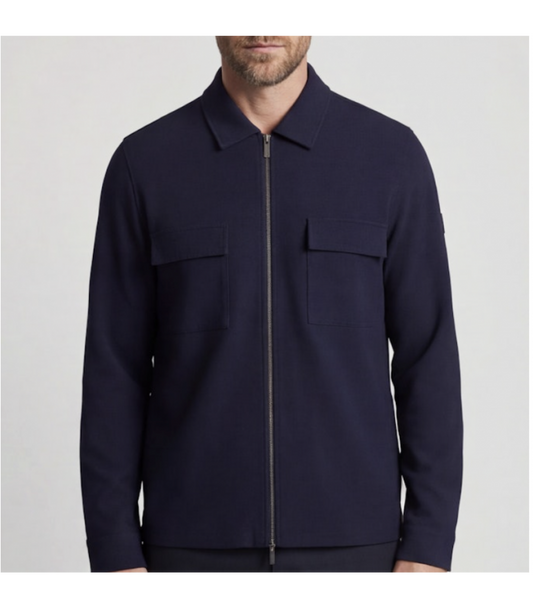 Giordano Reggio Zip Overshirt in navy, lightweight smart tacksuit with zip front and seersucker fabric, casual and stylish.