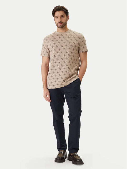 Navy GUESS jacquard short sleeve T-shirt with a relaxed fit, featuring subtle textured pattern and crew neckline.