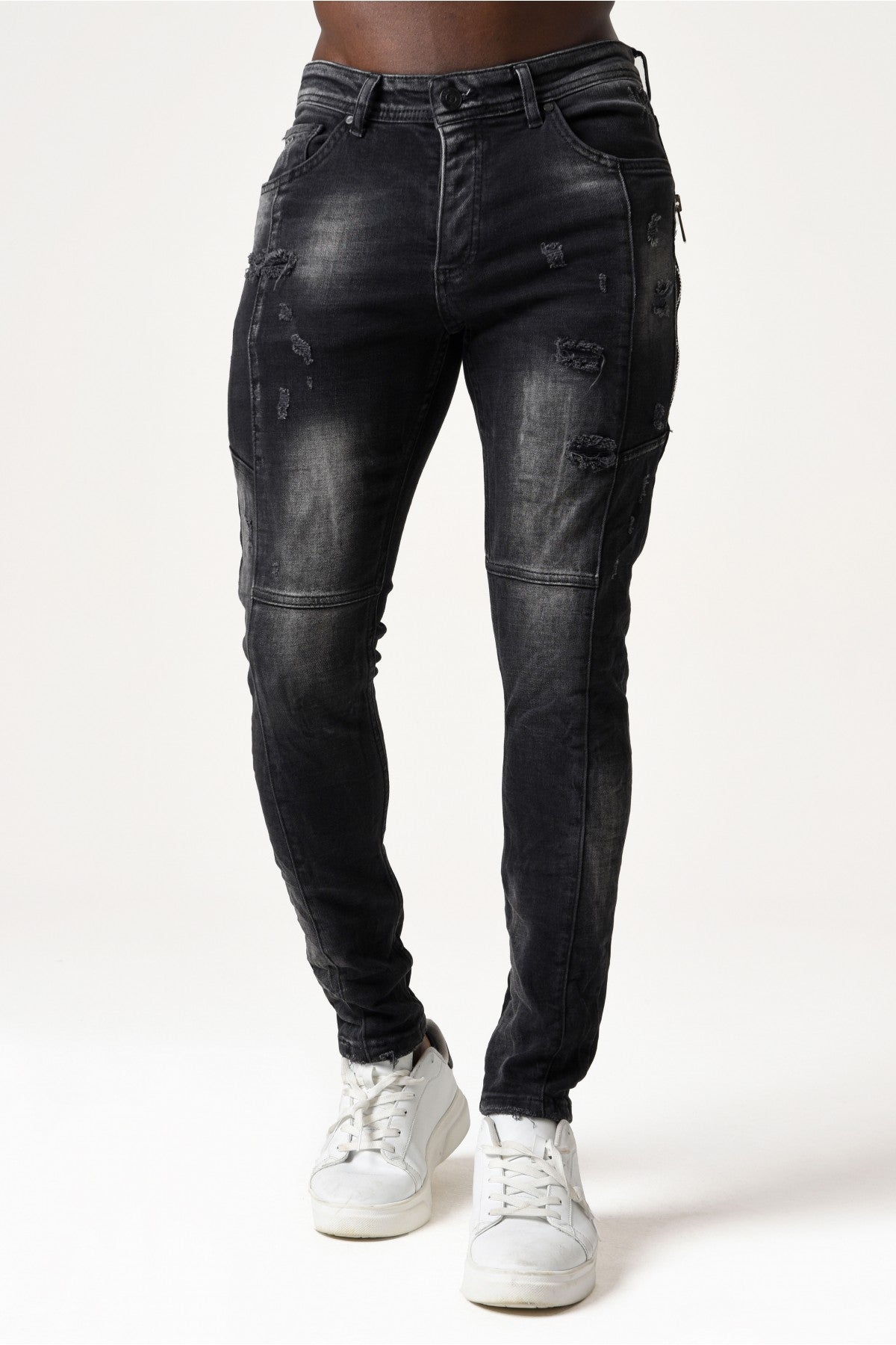 MARIO MORATO Men's Denim Trousers - Double Sided Zipper Cut Detail - Dark Grey - 2719