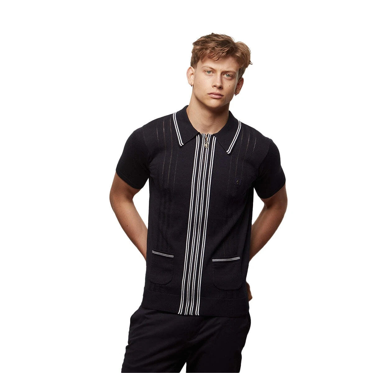 Navy Gabicci Geller short sleeves full zip knit polo shirt by Clique, displayed with zipper detail and ribbed collar.